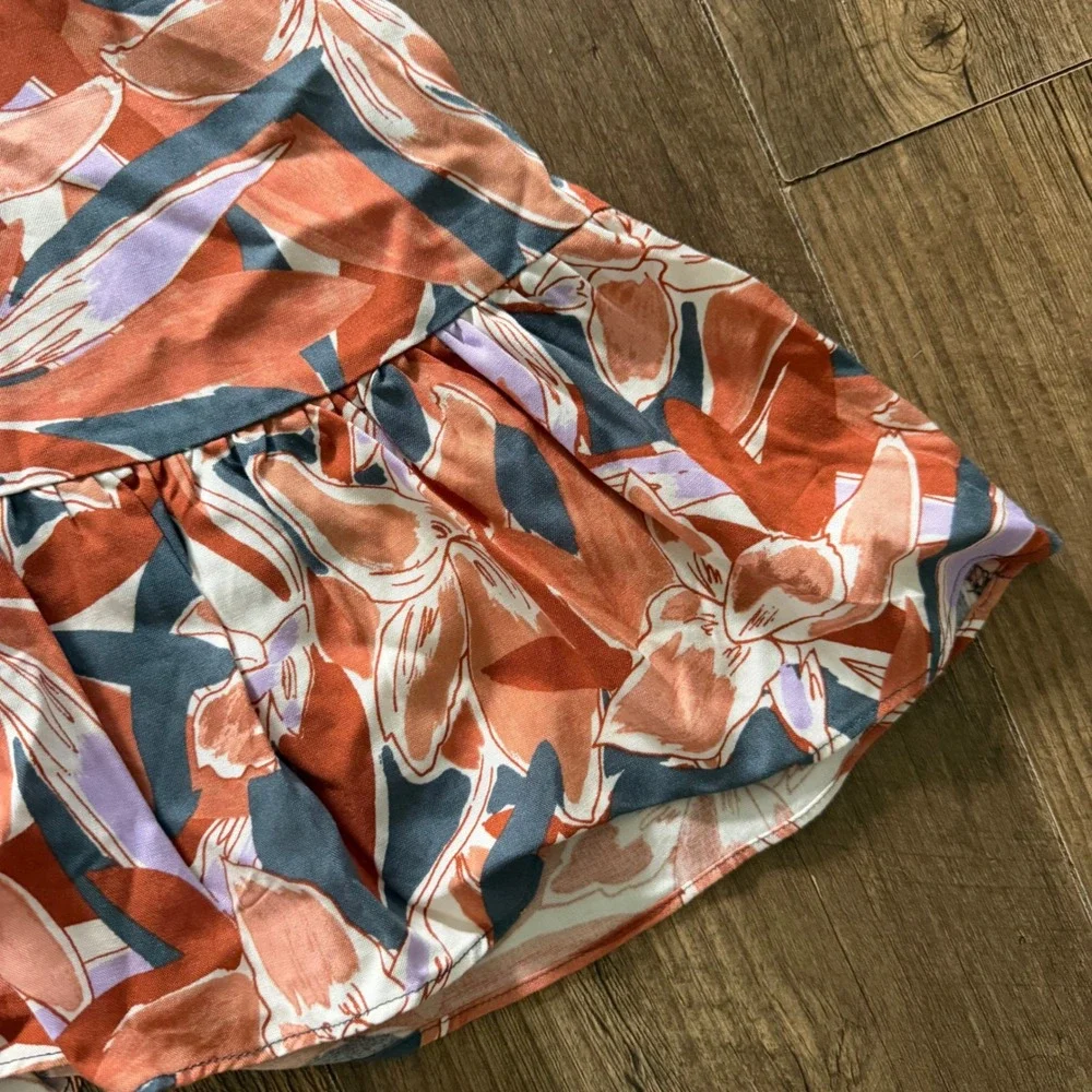 Nine West Asymmetrical Midi Skirt Womens Medium Terracotta Floral Ruffle Hem NEW